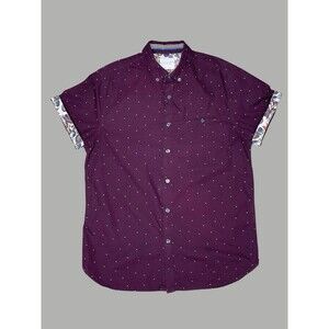 DENIM & FLOWER Micro Dot Button Down Shirt Mens MED Maroon Slim Fit Short Sleeve